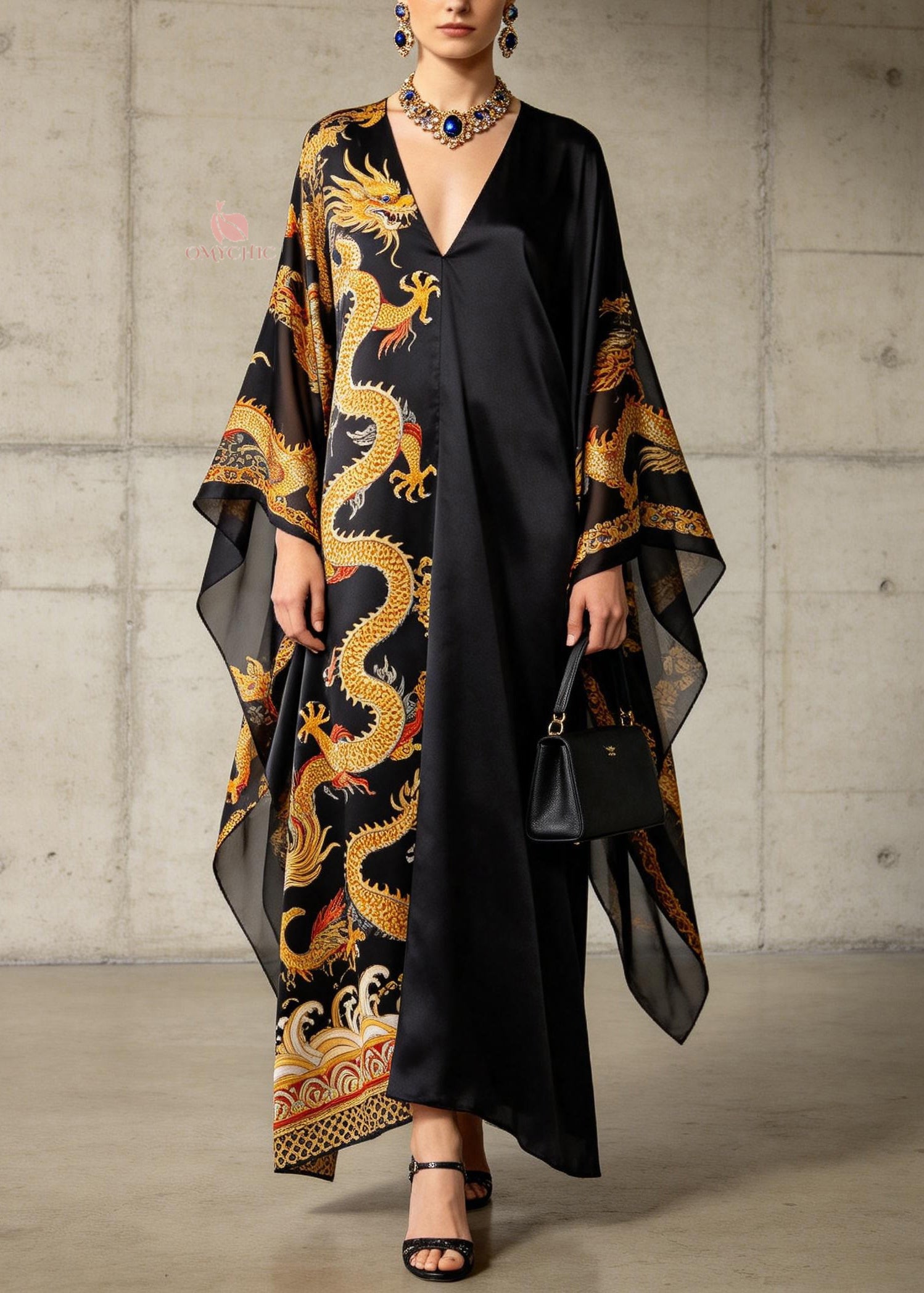 Plus Size Black V Neck Oriental Print Chiffon Dress Summer - Omychic