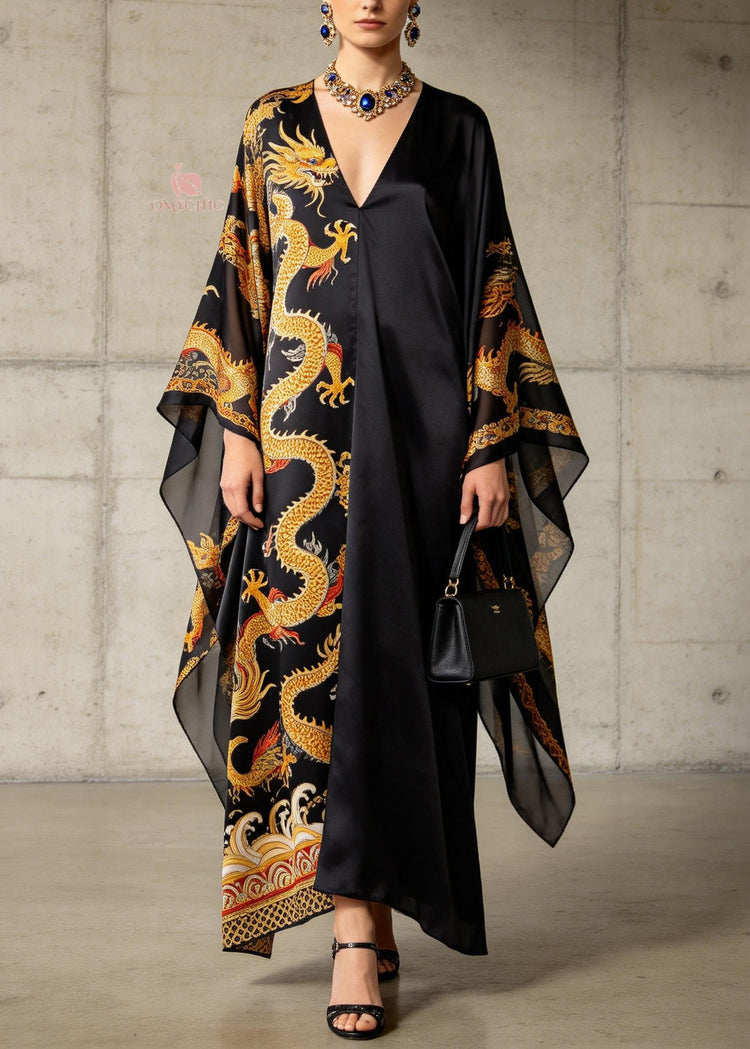 Plus Size Black V Neck Oriental Print Chiffon Dress Summer - Omychic