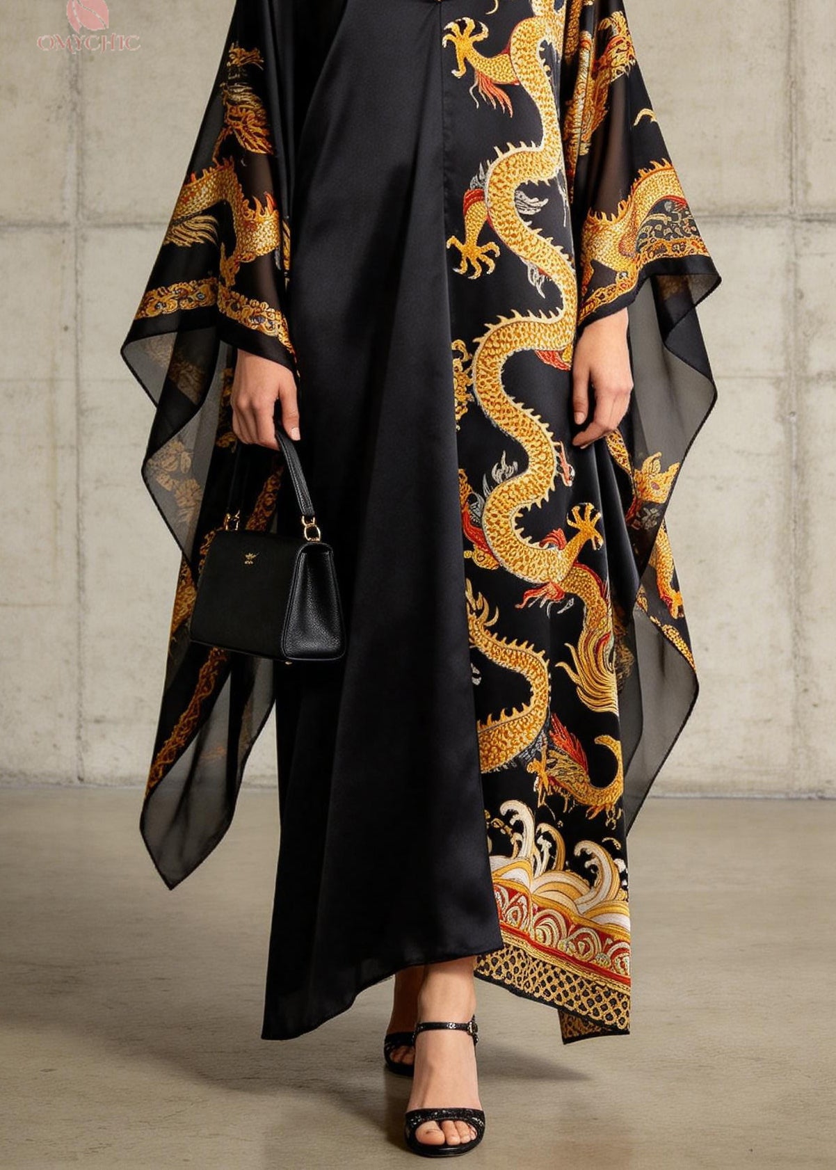 Plus Size Black V Neck Oriental Print Chiffon Dress Summer - Omychic