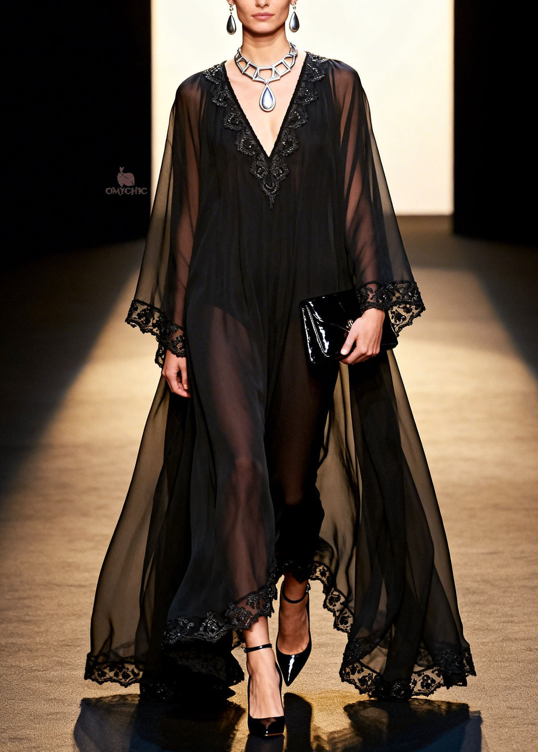 Plus Size Black V Neck Patchwork Chiffon Holiday Dress Spring