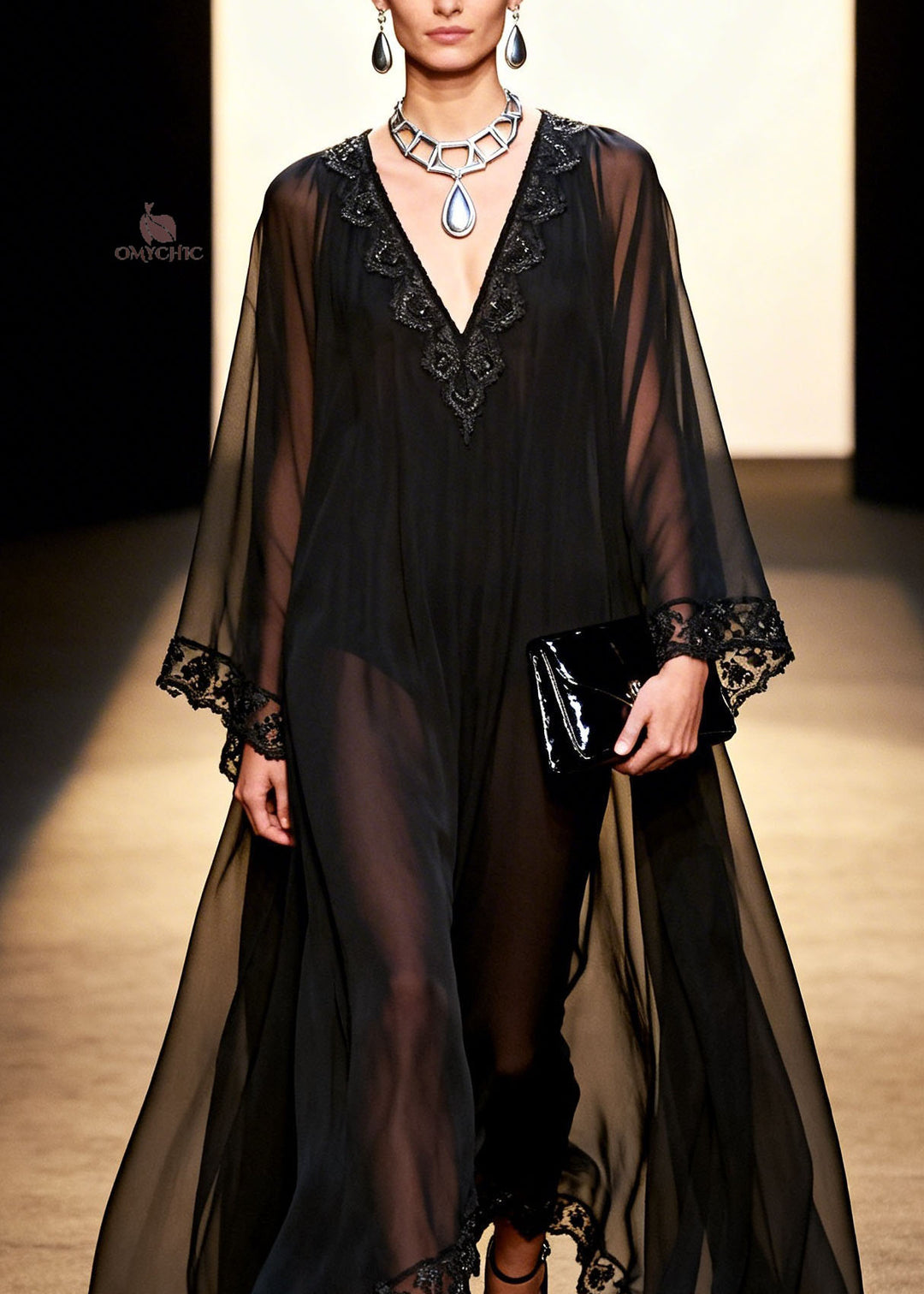 Plus Size Black V Neck Patchwork Chiffon Holiday Dress Spring