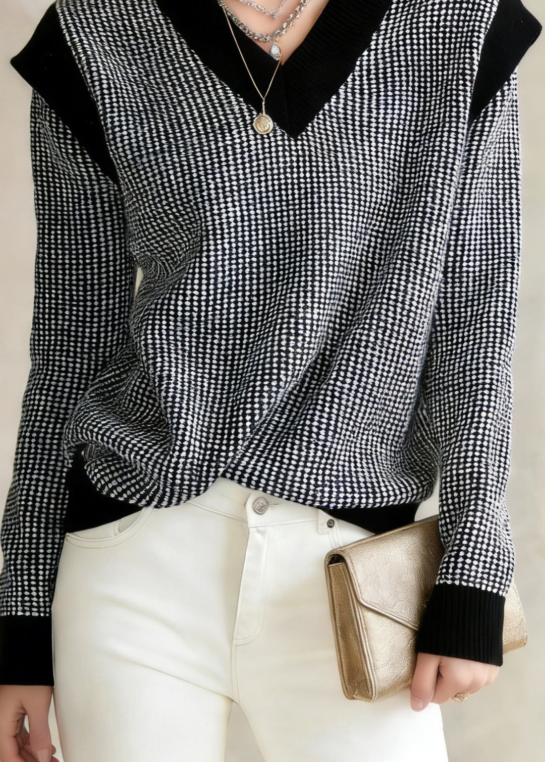 Plus Size Black V Neck Plaid Knit Sweater Tops Winter