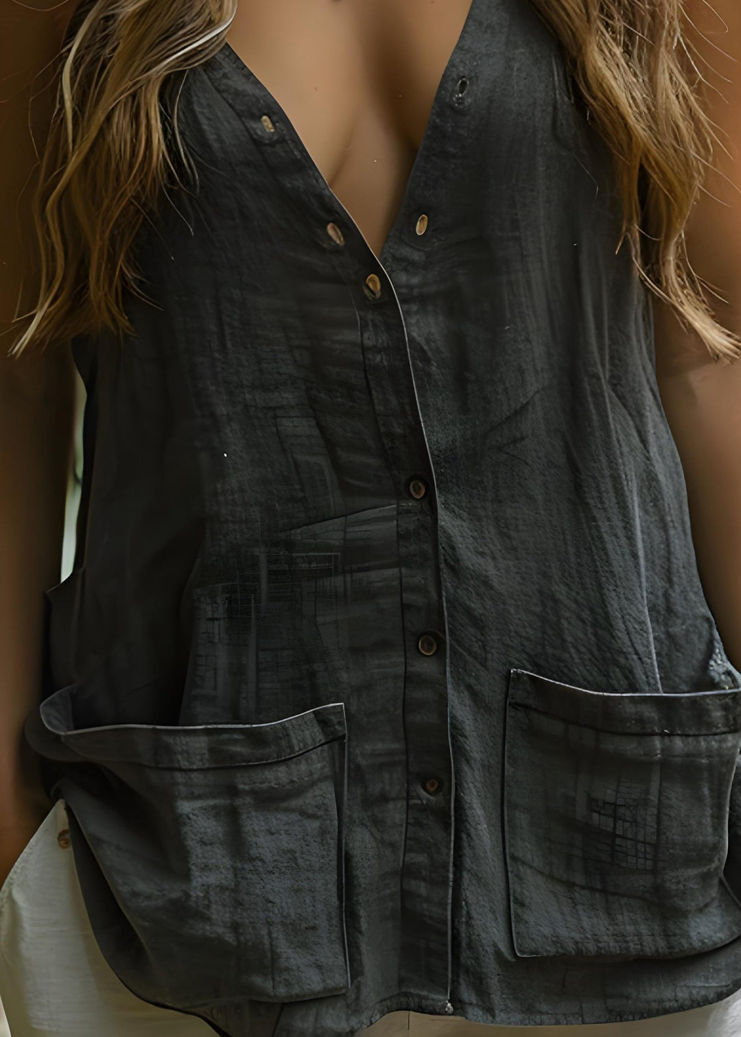 Plus Size Black V Neck Pockets Button Cotton Top Sleeveless