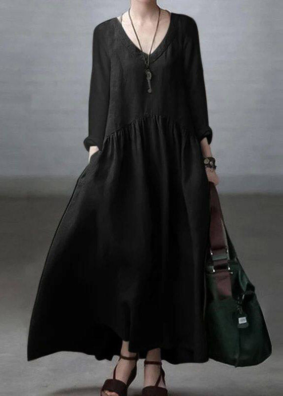 Plus Size Black V Neck Solid Long Dresses Fall