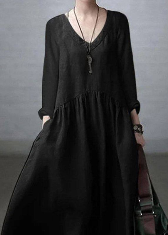 Plus Size Black V Neck Solid Long Dresses Fall