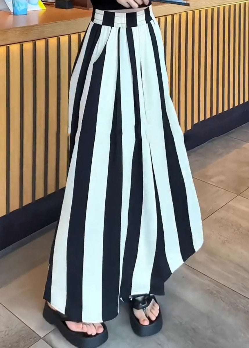Plus Size Black White Striped High Waist Wide Leg Pants