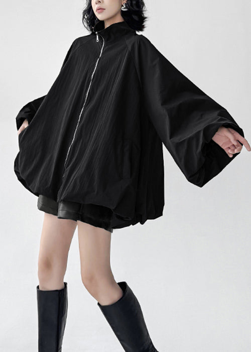 Plus Size Black Zip Up Pockets Cotton Coats Fall