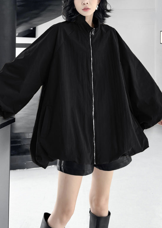 Plus Size Black Zip Up Pockets Cotton Coats Fall