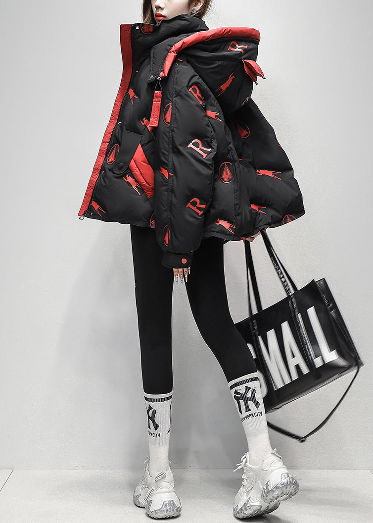 Plus Size Black Zippered Letter Print Duck Down Puffer Coat