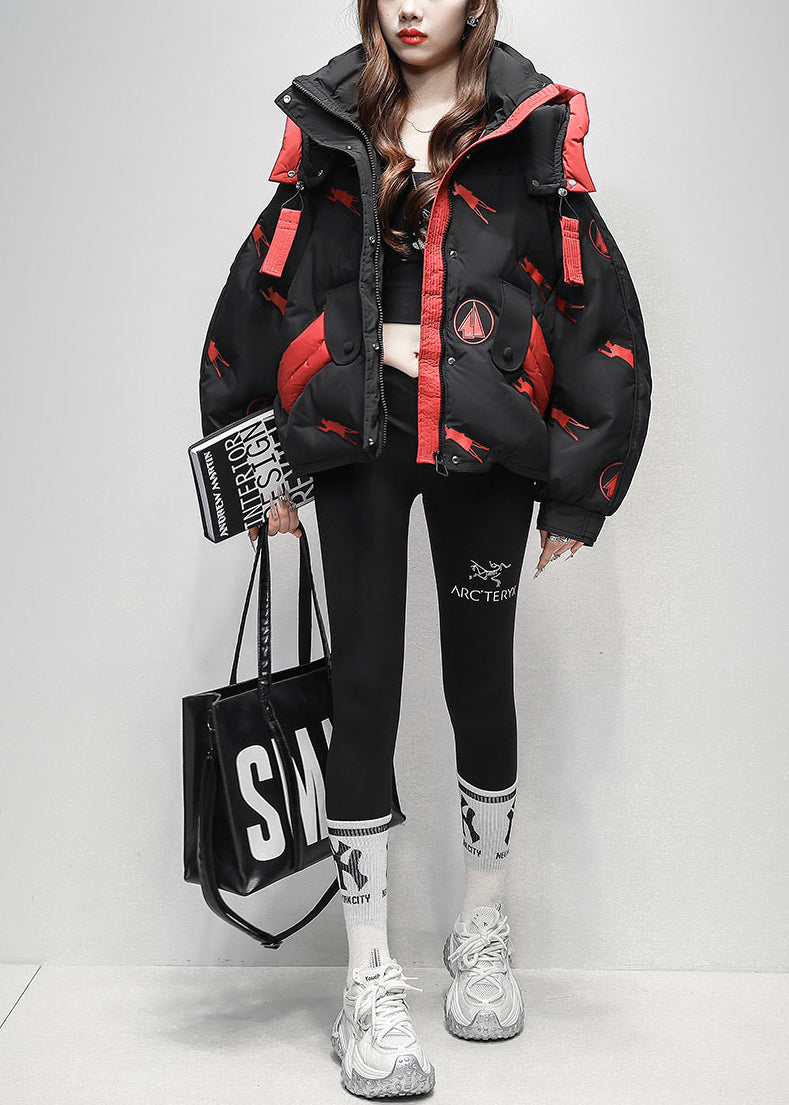 Plus Size Black Zippered Letter Print Duck Down Puffer Coat