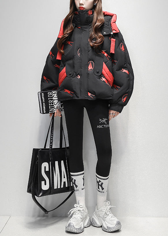 Plus Size Black Zippered Letter Print Duck Down Puffer Coat