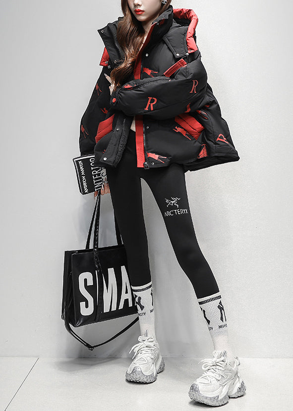 Plus Size Black Zippered Letter Print Duck Down Puffer Coat