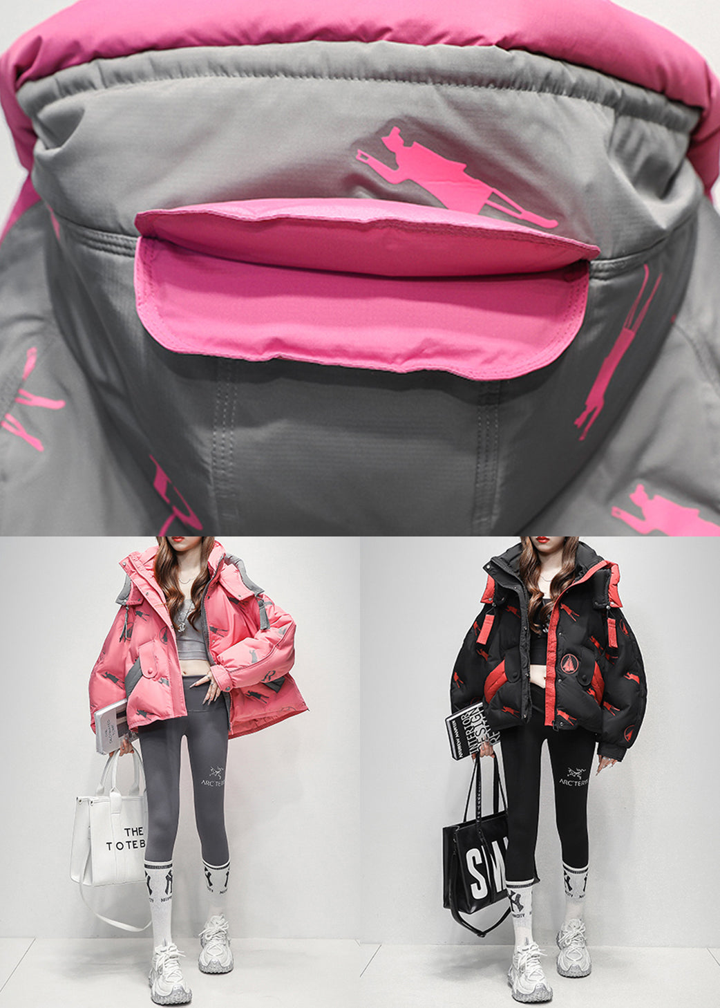 Plus Size Black Zippered Letter Print Duck Down Puffer Coat