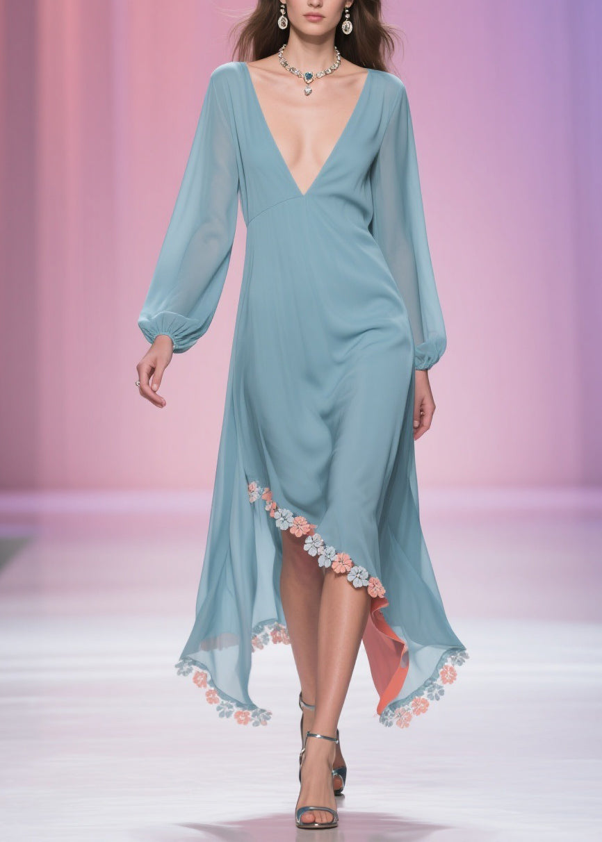 Plus Size Blue Asymmetrical Floral Chiffon Long Dress Spring