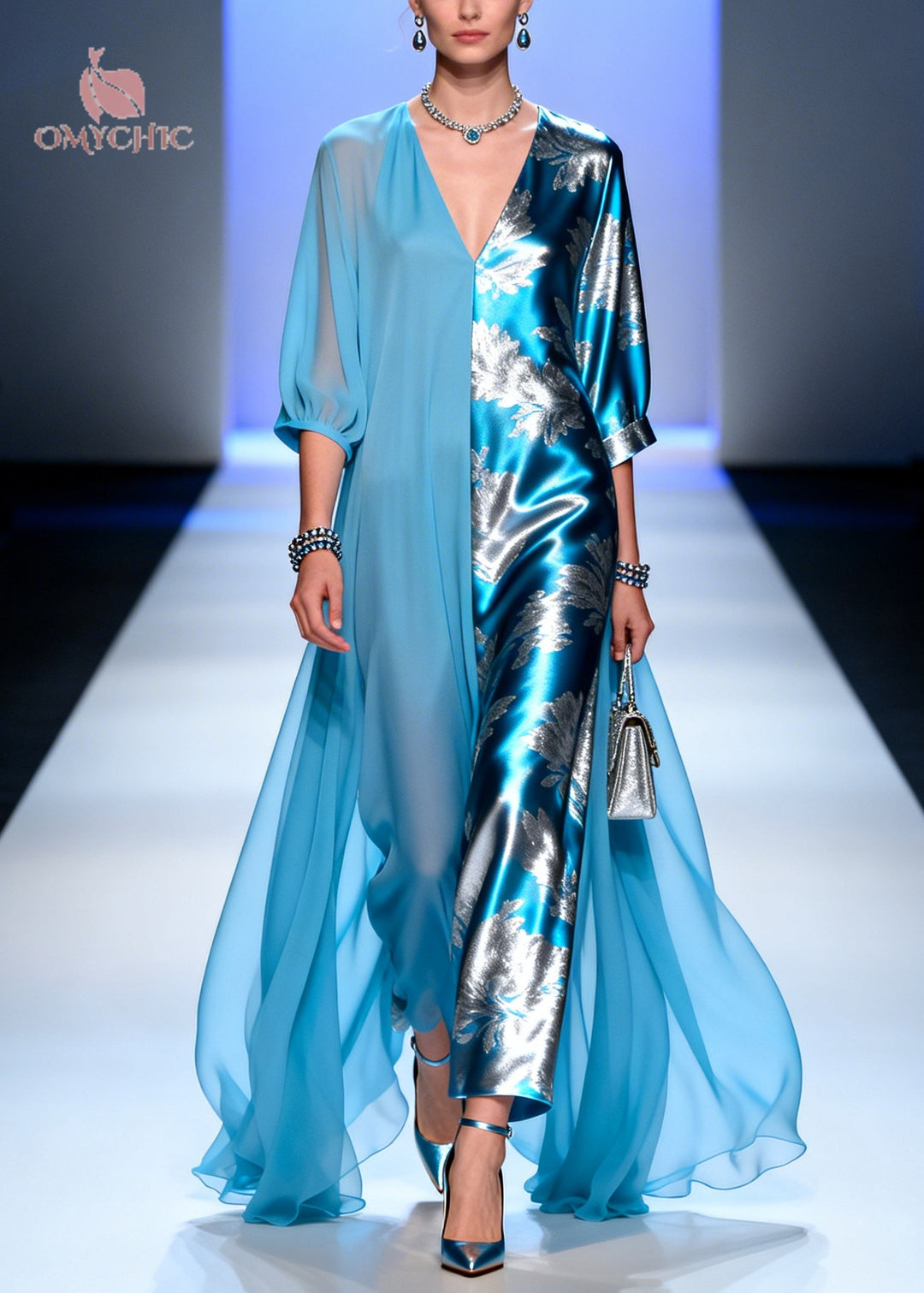 Plus Size Blue Asymmetrical Patchwork Chiffon Party Dress Summer
