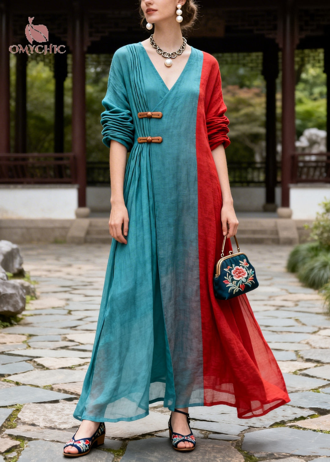 Plus Size Blue Asymmetrical Patchwork Chinese Button Cotton Dresses Summer