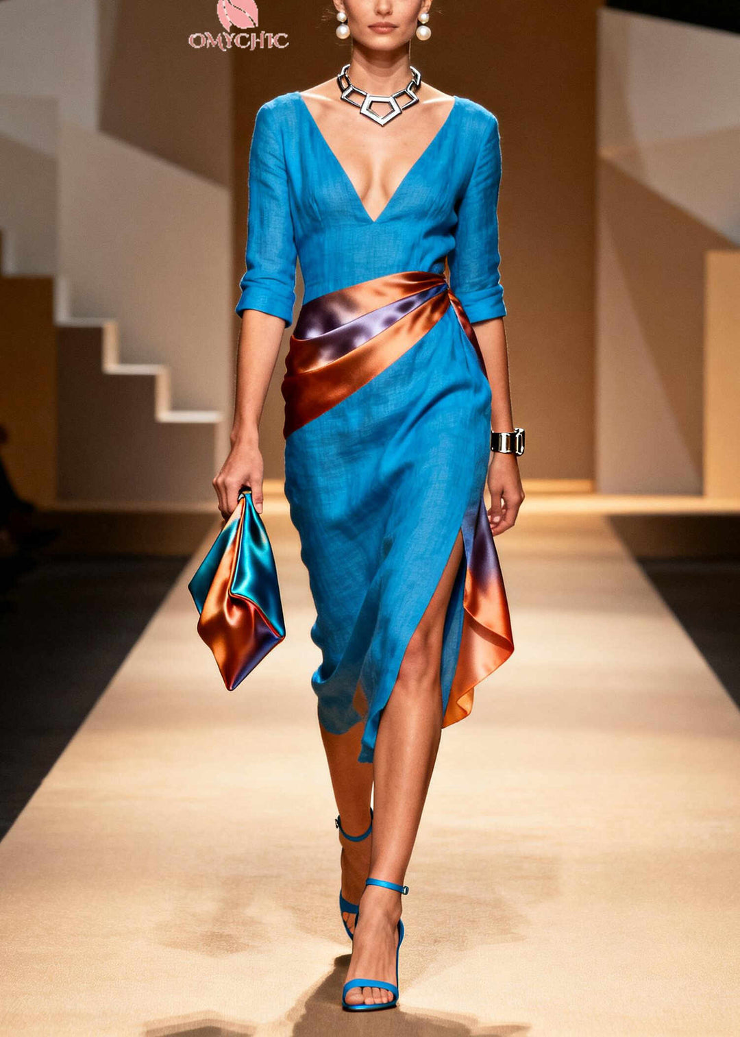 Plus Size Blue Asymmetrical Patchwork Linen Silk Maxi Dresses Summer