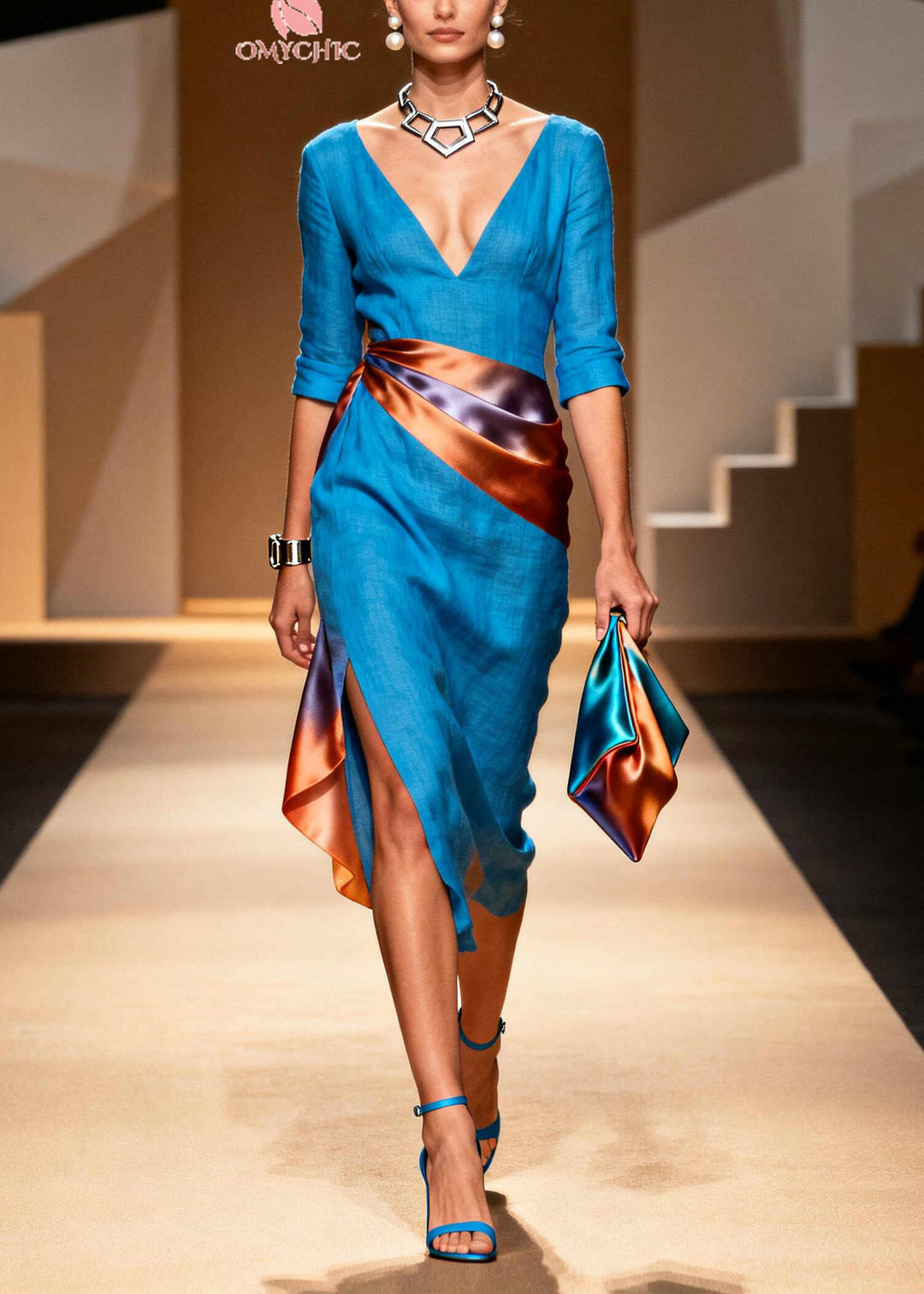Plus Size Blue Asymmetrical Patchwork Linen Silk Maxi Dresses Summer