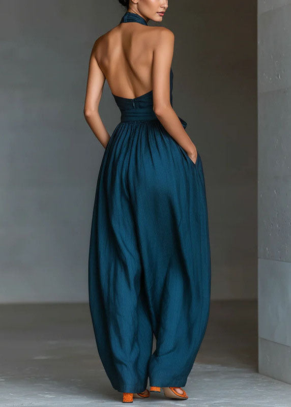 Plus Size Blue Cold Shoulder Linen Hatle Jumpsuits Summer