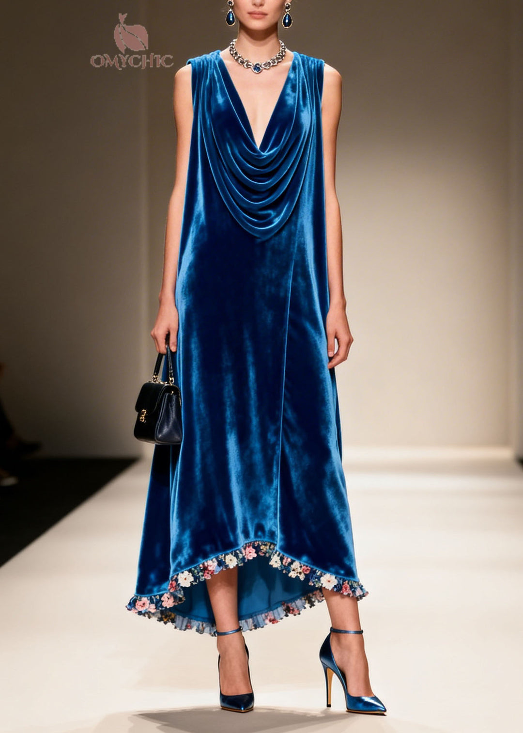 Plus Size Blue Draped Neckline Floral Patchwork Velvet Dress Sleeveless