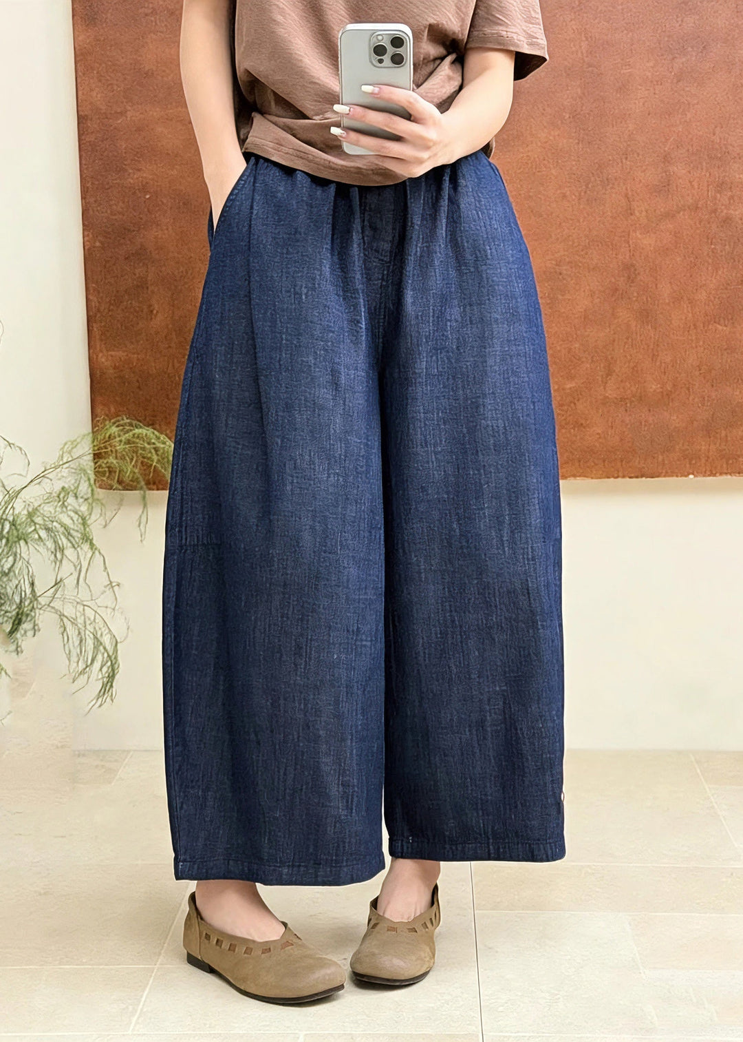 Plus Size Blue Embroidered Elastic Waist Denim Pants Fall