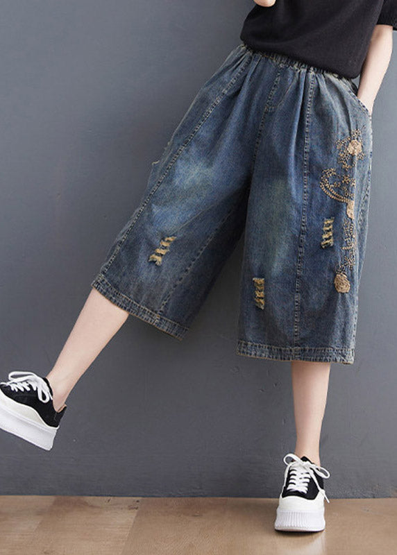 Plus Size Blue Embroidered Hole Crop Jeans