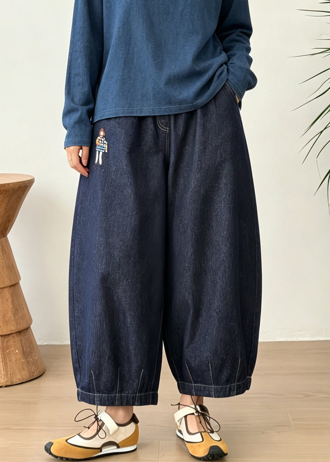 Plus Size Blue Embroidered Pockets Patchwork Denim Lantern Pants Fall