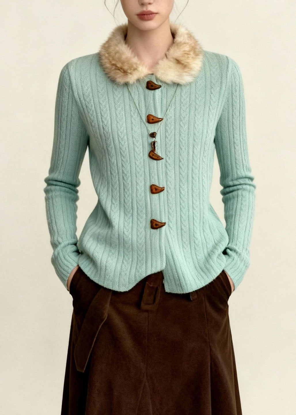 Plus Size Blue Fur Collar Thick Knit Sweaters Coat Fall