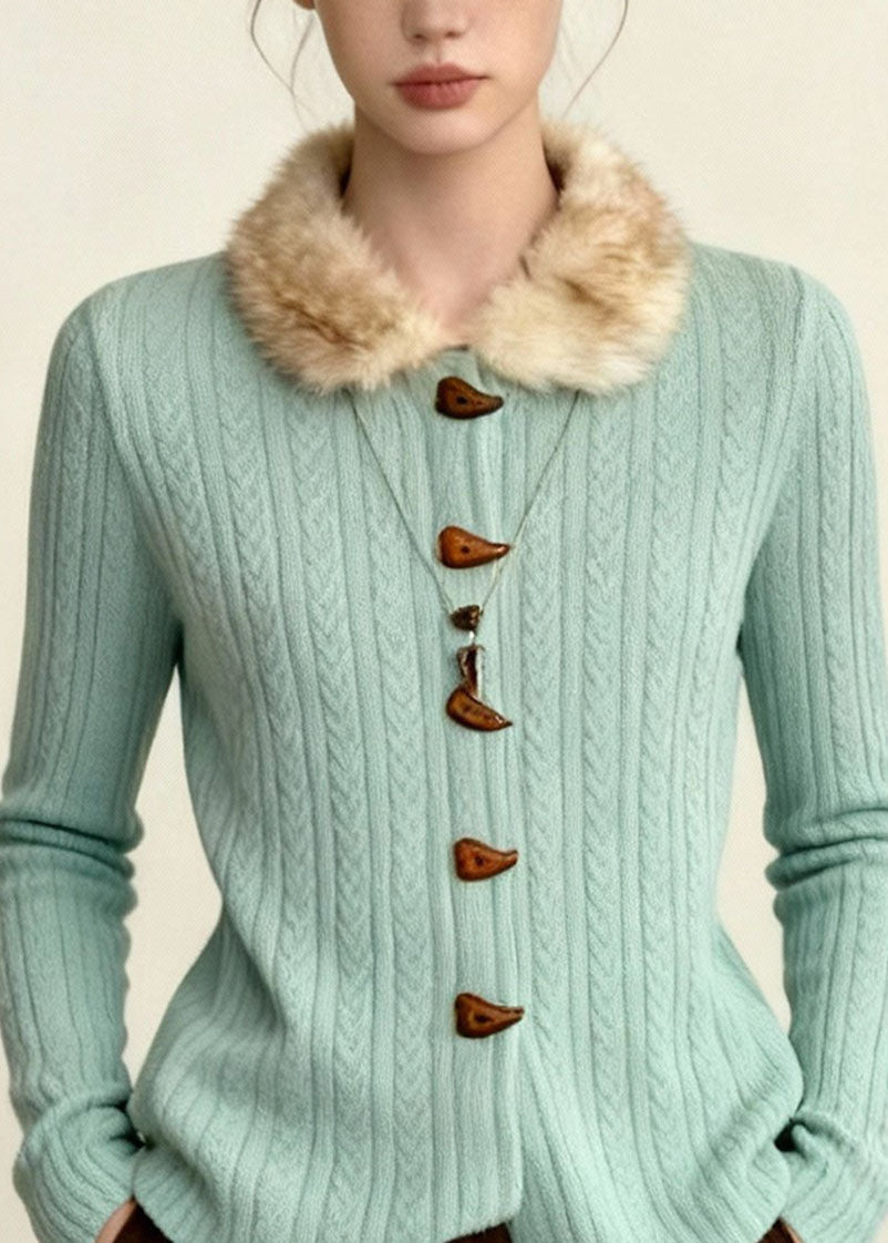 Plus Size Blue Fur Collar Thick Knit Sweaters Coat Fall