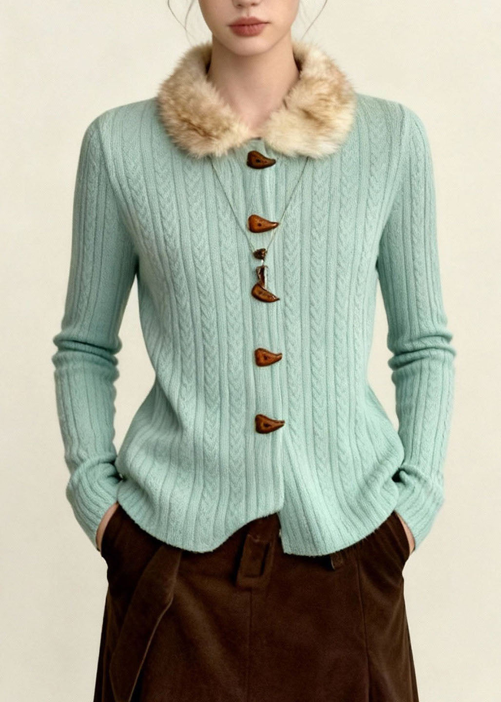 Plus Size Blue Fur Collar Thick Knit Sweaters Coat Fall