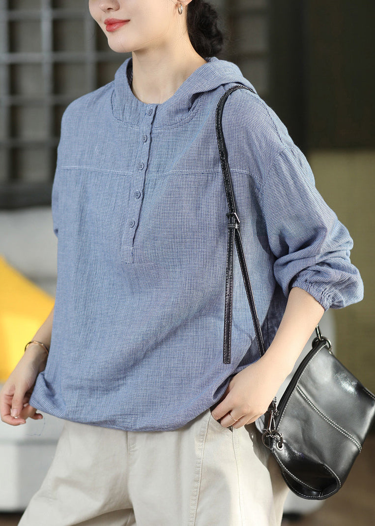 Plus Size Blue Hooded Plaid Cotton Shirts Top Fall