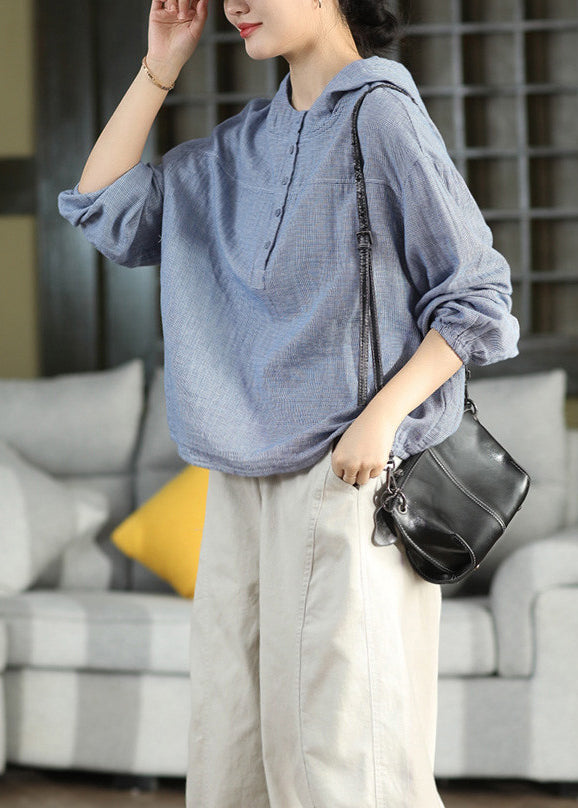 Plus Size Blue Hooded Plaid Cotton Shirts Top Fall
