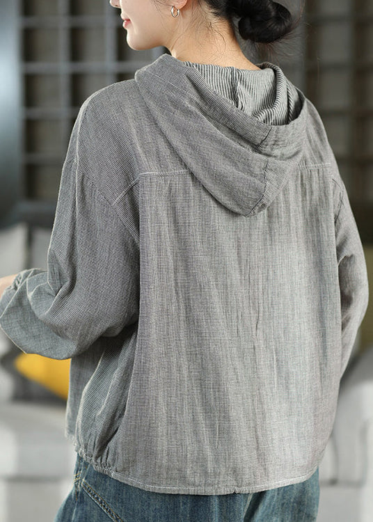 Plus Size Blue Hooded Plaid Cotton Shirts Top Fall
