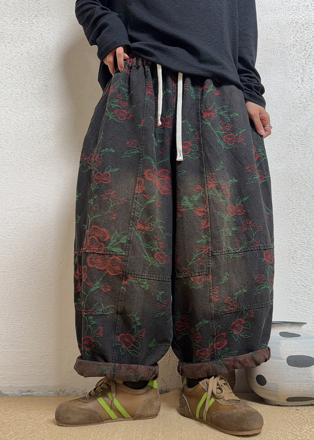Plus Size Blue Jacquard Pockets Patchwork Denim Pants Fall