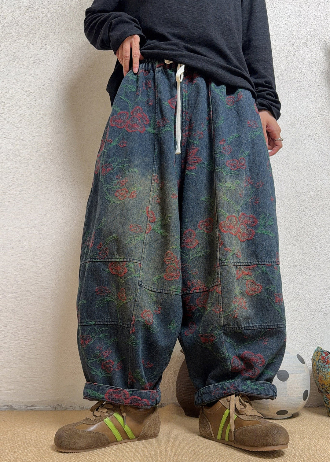Plus Size Blue Jacquard Pockets Patchwork Denim Pants Fall