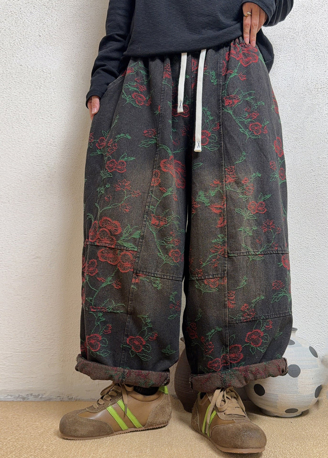 Plus Size Blue Jacquard Pockets Patchwork Denim Pants Fall