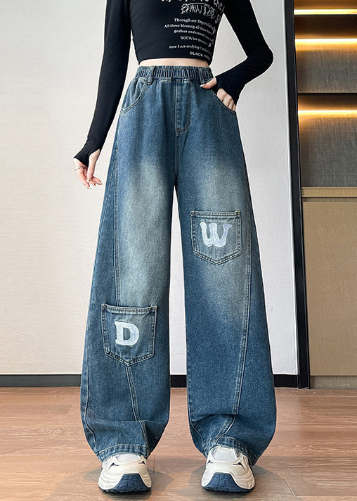 Plus Size Blue Letter Pockets Elastic Waist Denim Pants Fall
