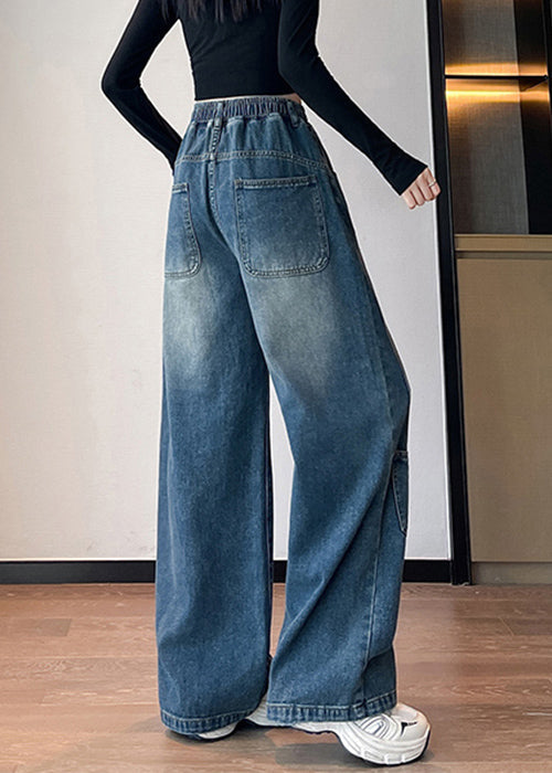 Plus Size Blue Letter Pockets Elastic Waist Denim Pants Fall