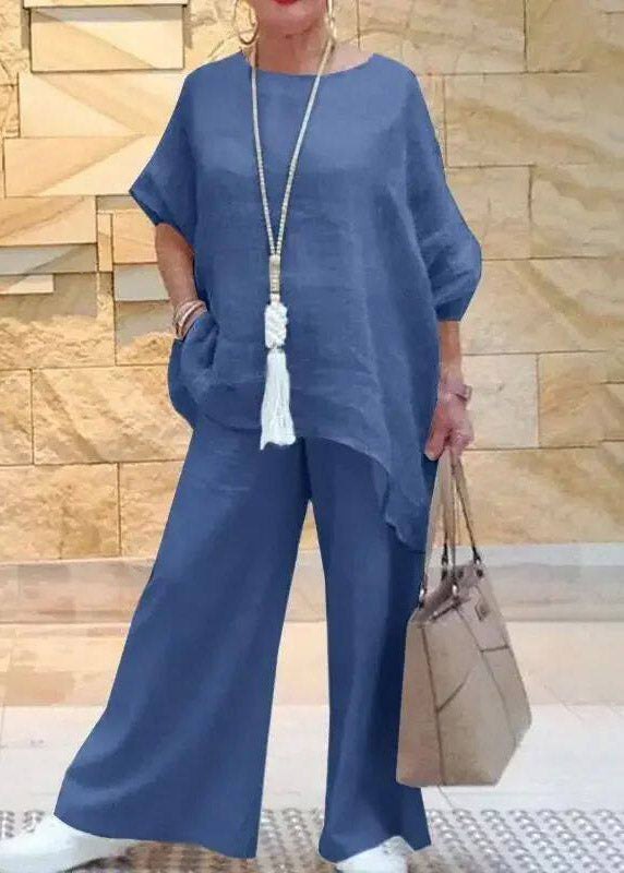 Plus Size Blue O-Neck Asymmetrical T Shirts And Wide Leg Pants Two Pieces Set Short Sleeve