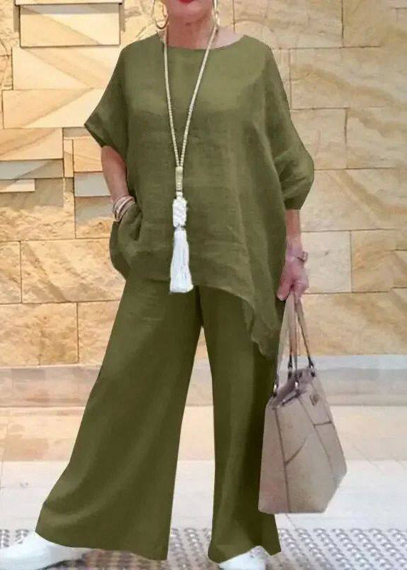 Plus Size Blue O-Neck Asymmetrical T Shirts And Wide Leg Pants Two Pieces Set Short Sleeve