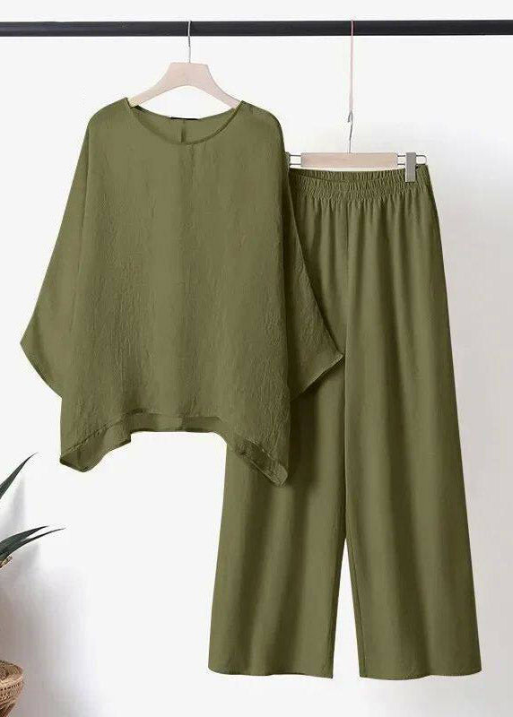 Plus Size Blue O-Neck Asymmetrical T Shirts And Wide Leg Pants Two Pieces Set Short Sleeve