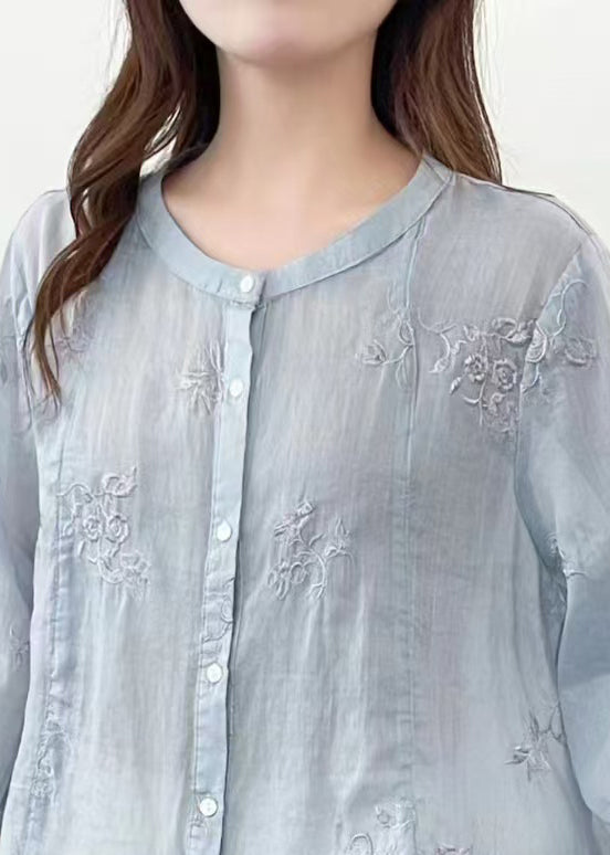 Plus Size Blue O-Neck Embroidered Linen Shirts Summer