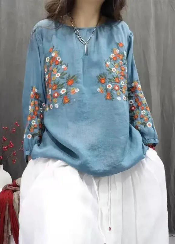 Plus Size Blue O-Neck Embroidered Tops Fall