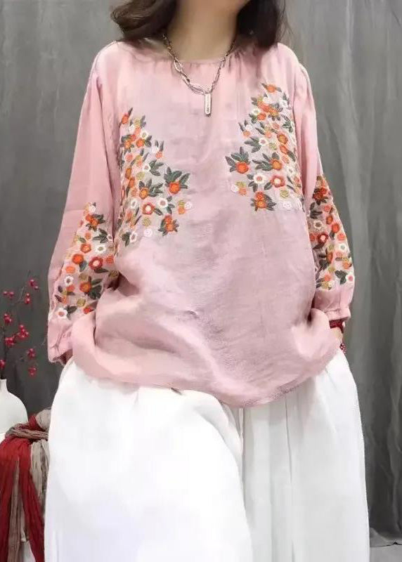 Plus Size Blue O-Neck Embroidered Tops Fall