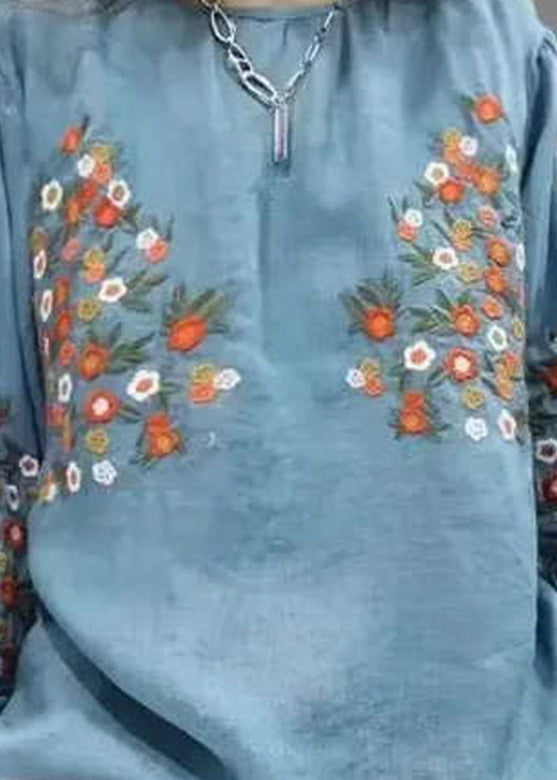 Plus Size Blue O-Neck Embroidered Tops Fall
