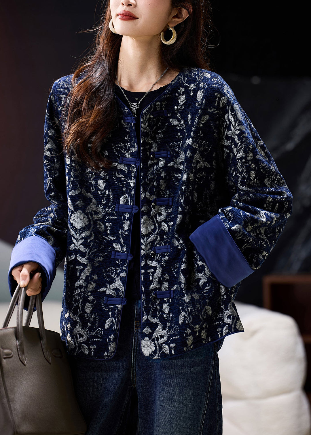 Plus Size Blue O Neck Jacquard Oriental Button Cotton Coat Spring