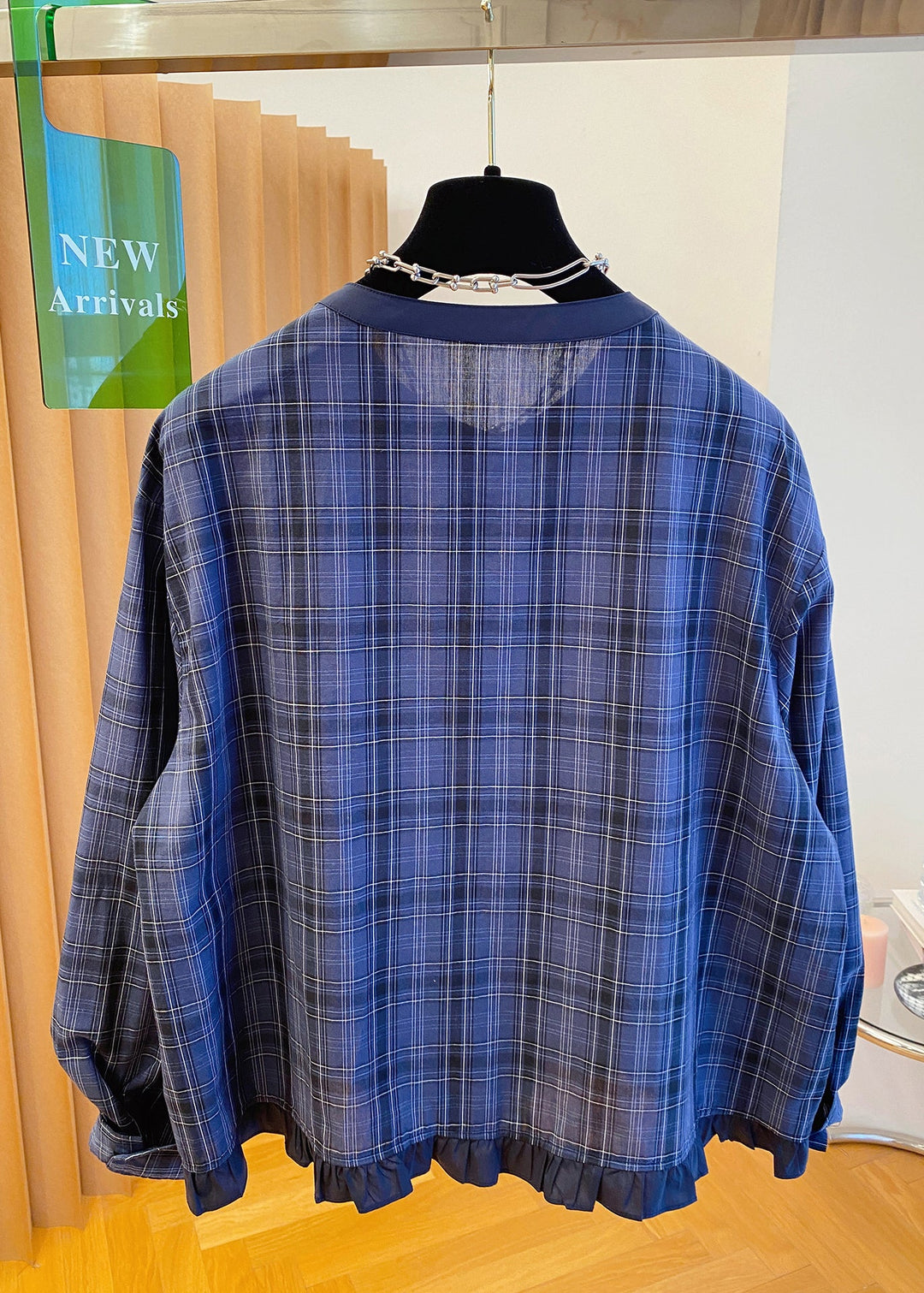 Plus Size Blue O Neck Plaid Ruffled Cotton Shirt Top Fall