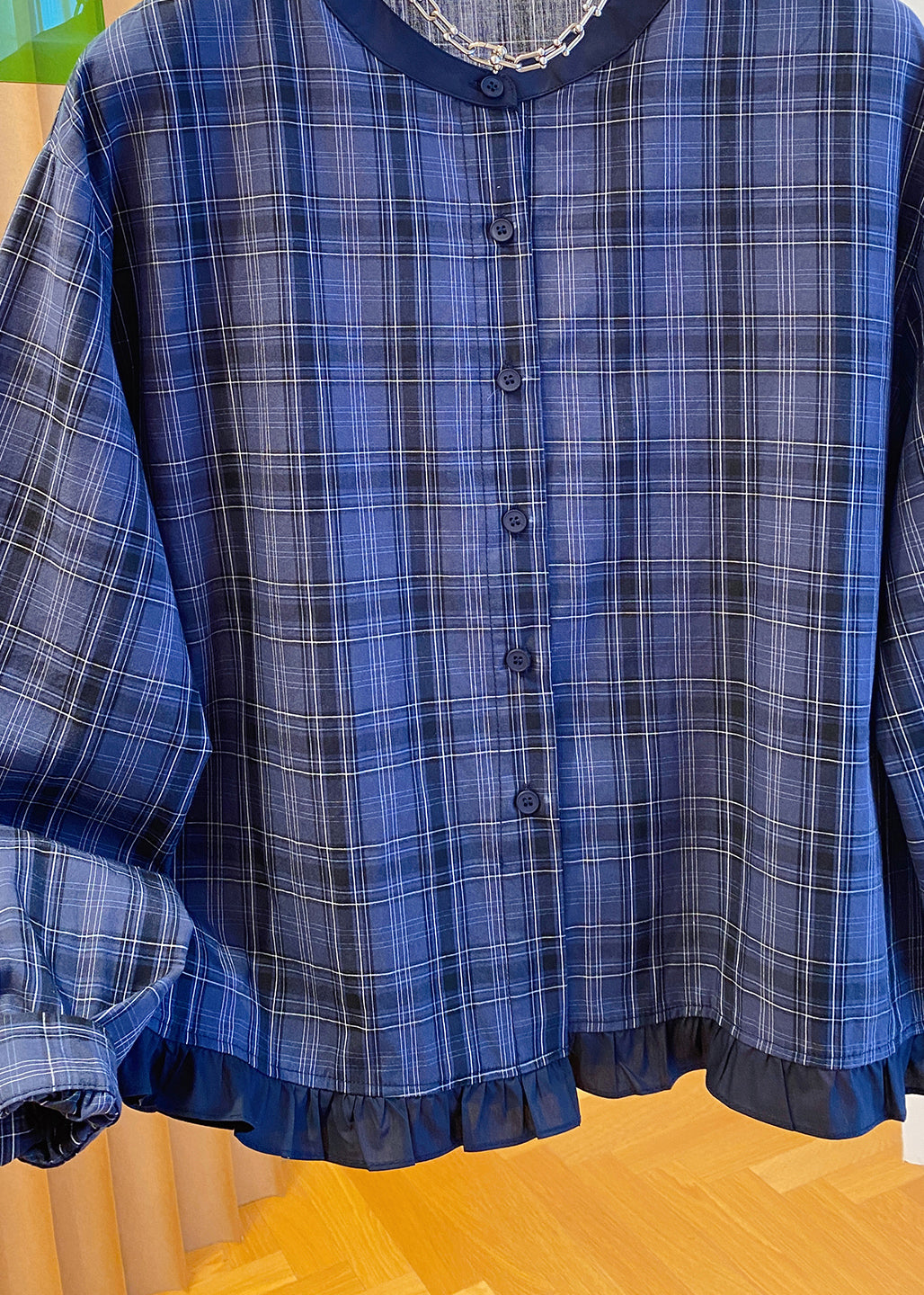 Plus Size Blue O Neck Plaid Ruffled Cotton Shirt Top Fall