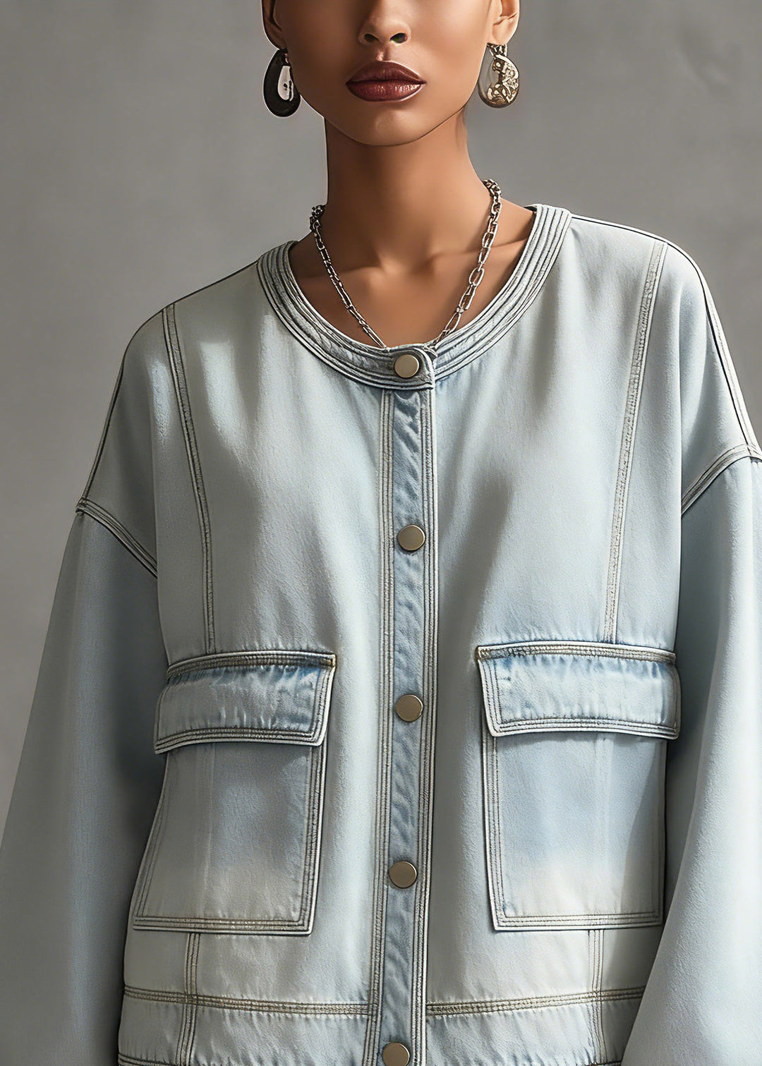 Plus Size Blue O-Neck Pockets Denim Coat Long Sleeve
