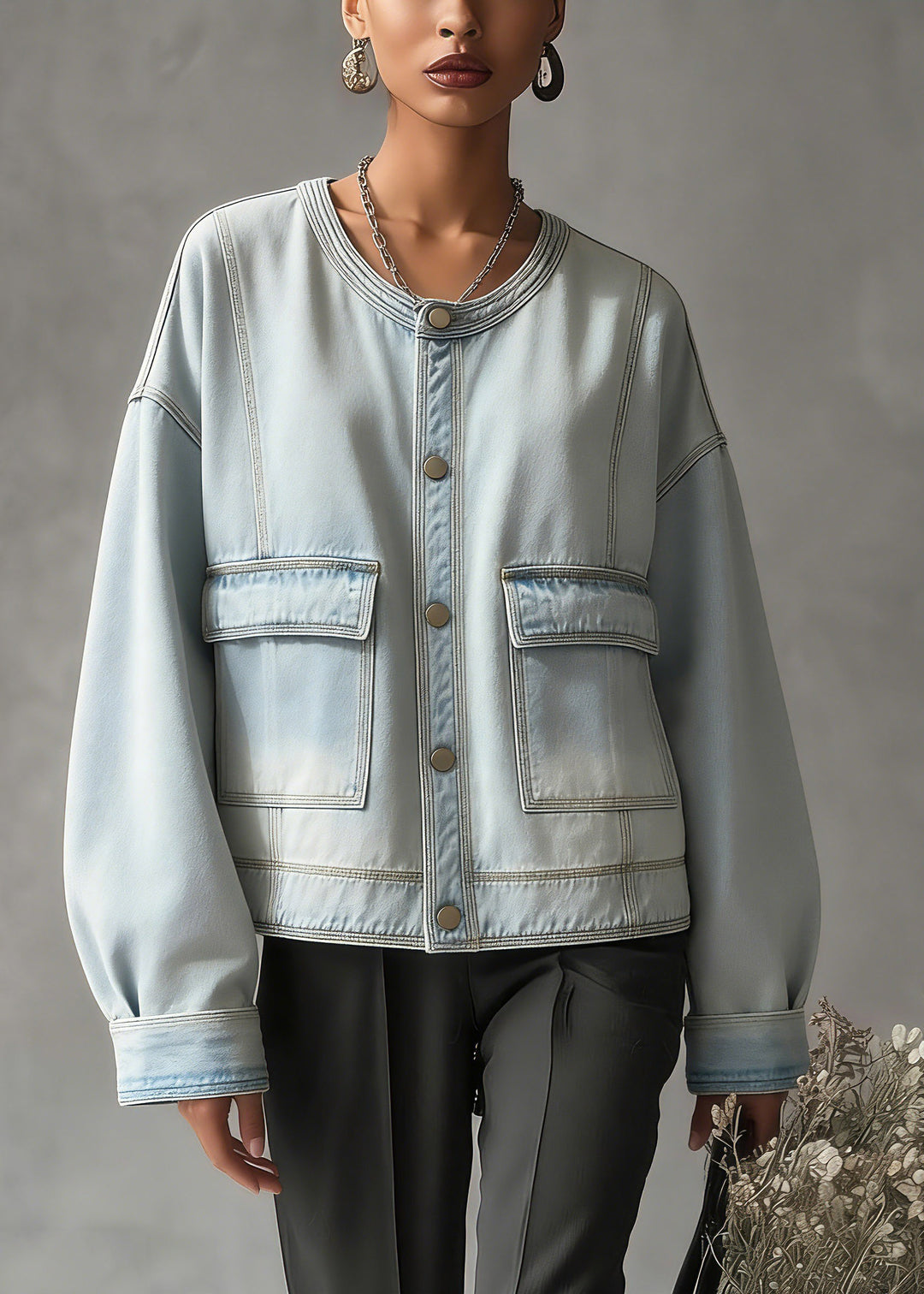 Plus Size Blue O-Neck Pockets Denim Coat Long Sleeve